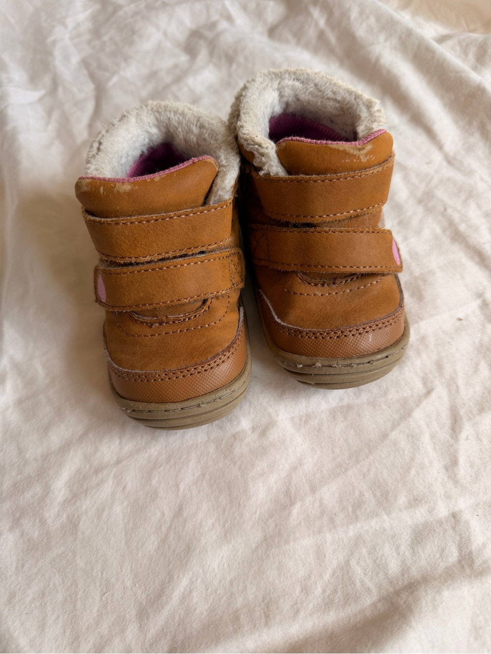Stride Rite Tan Brown Faux-Shearling Strap Boots with Pink Accents